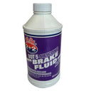 Bottle of brake fluid with a purple label on a white background