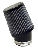 Black air filter with metallic top and bottom on a white background